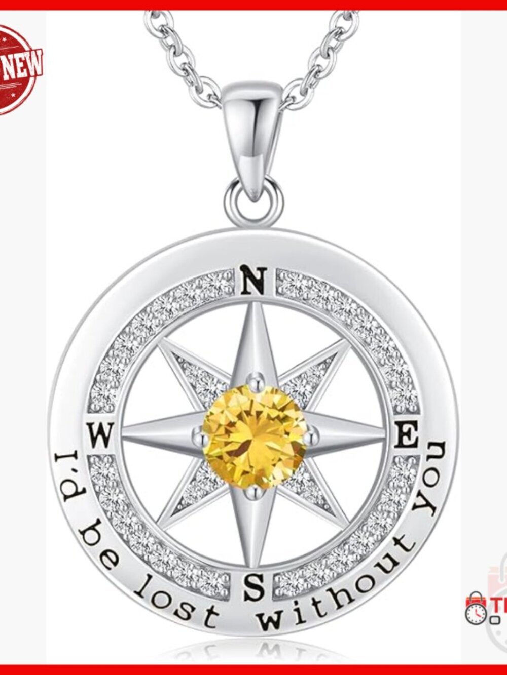 Sterling Silver Compass Pendant Necklace with Cubic Zirconia Stone